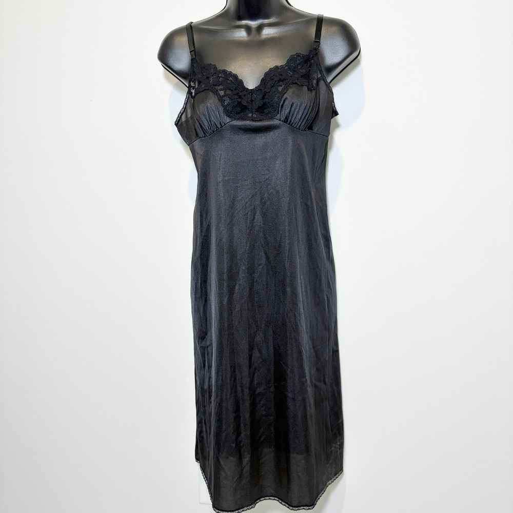 Vintage Lace Trim Full Slip Dress Black Size Small